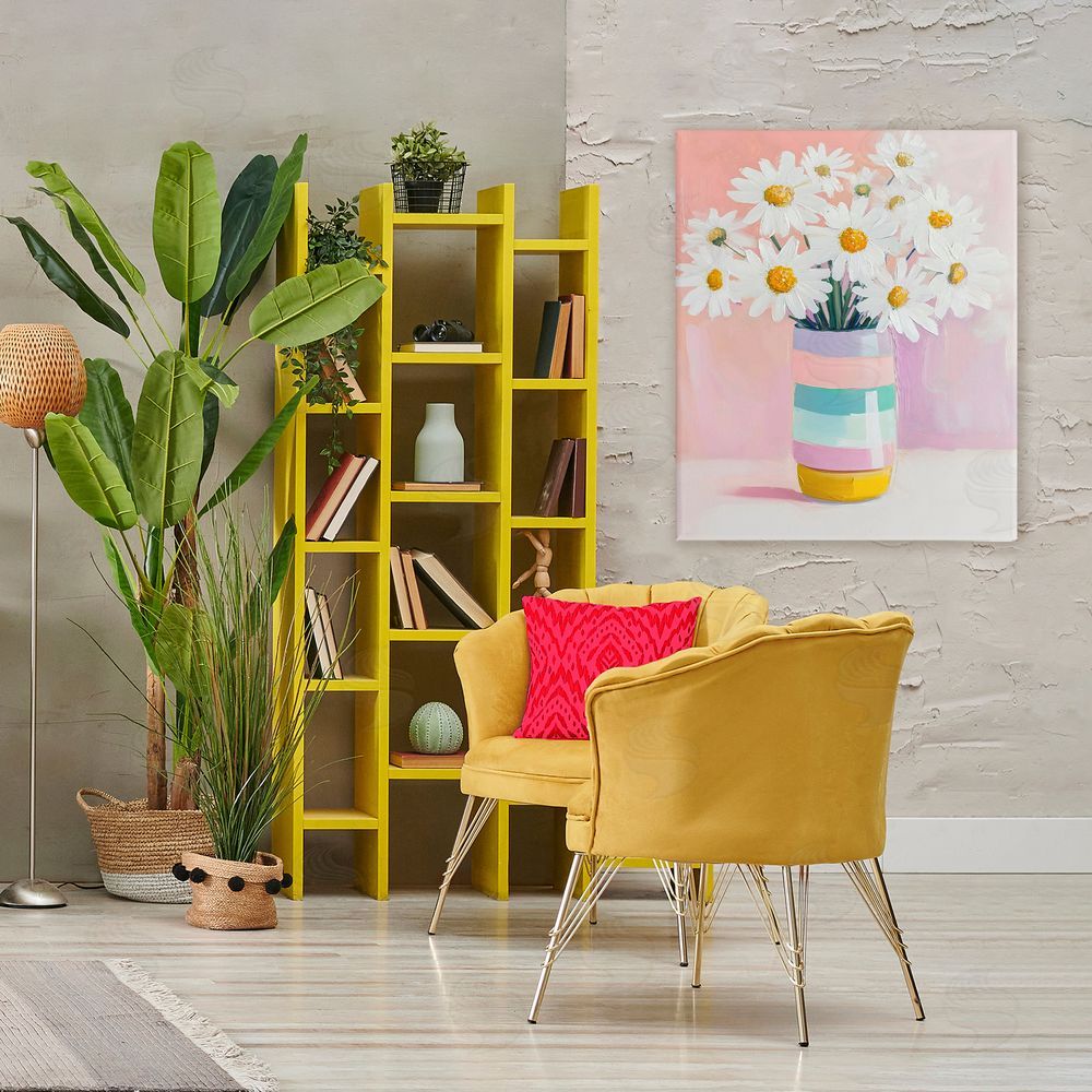 The Prints Vibe Daisies in Striped Vase Stretched Canvas Wall Art in Room