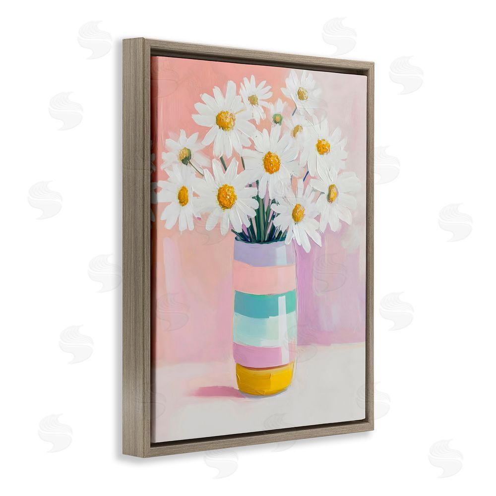 The Prints Vibe Daisies in Striped Vase Brown Floating Frame Canvas Wall Art Print
