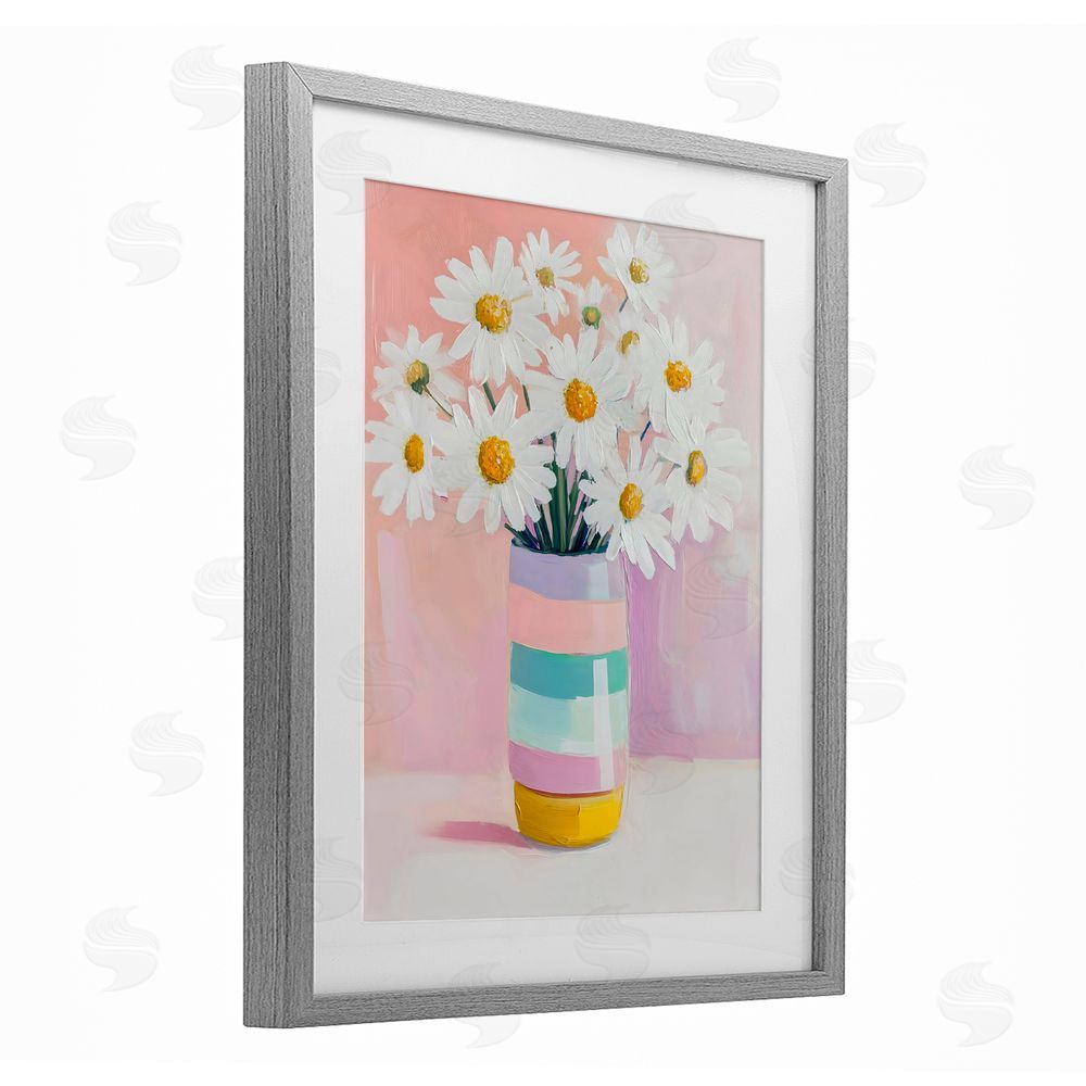 The Prints Vibe Daisies in Striped Vase Gray Framed Print Under Glass Wall Art
