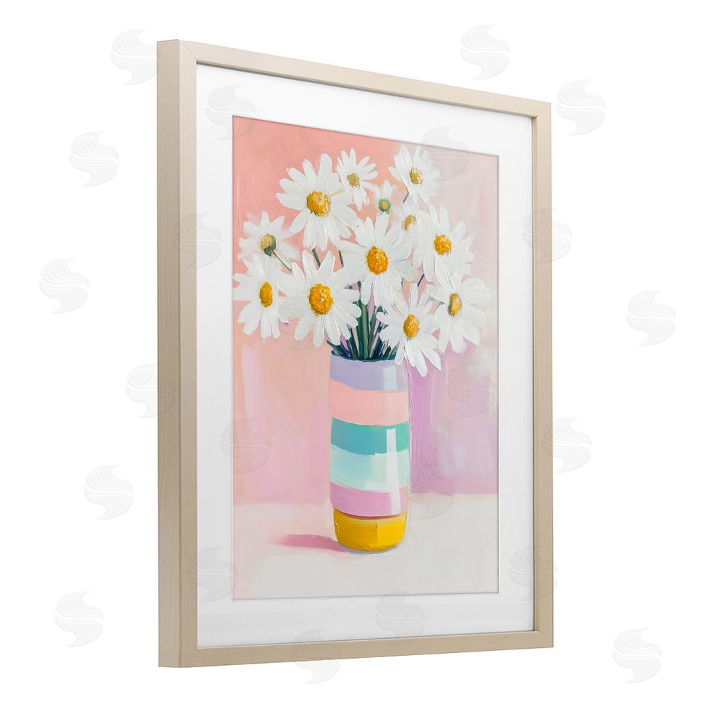 The Prints Vibe Daisies in Striped Vase Brown Framed Print Under Glass Wall Art