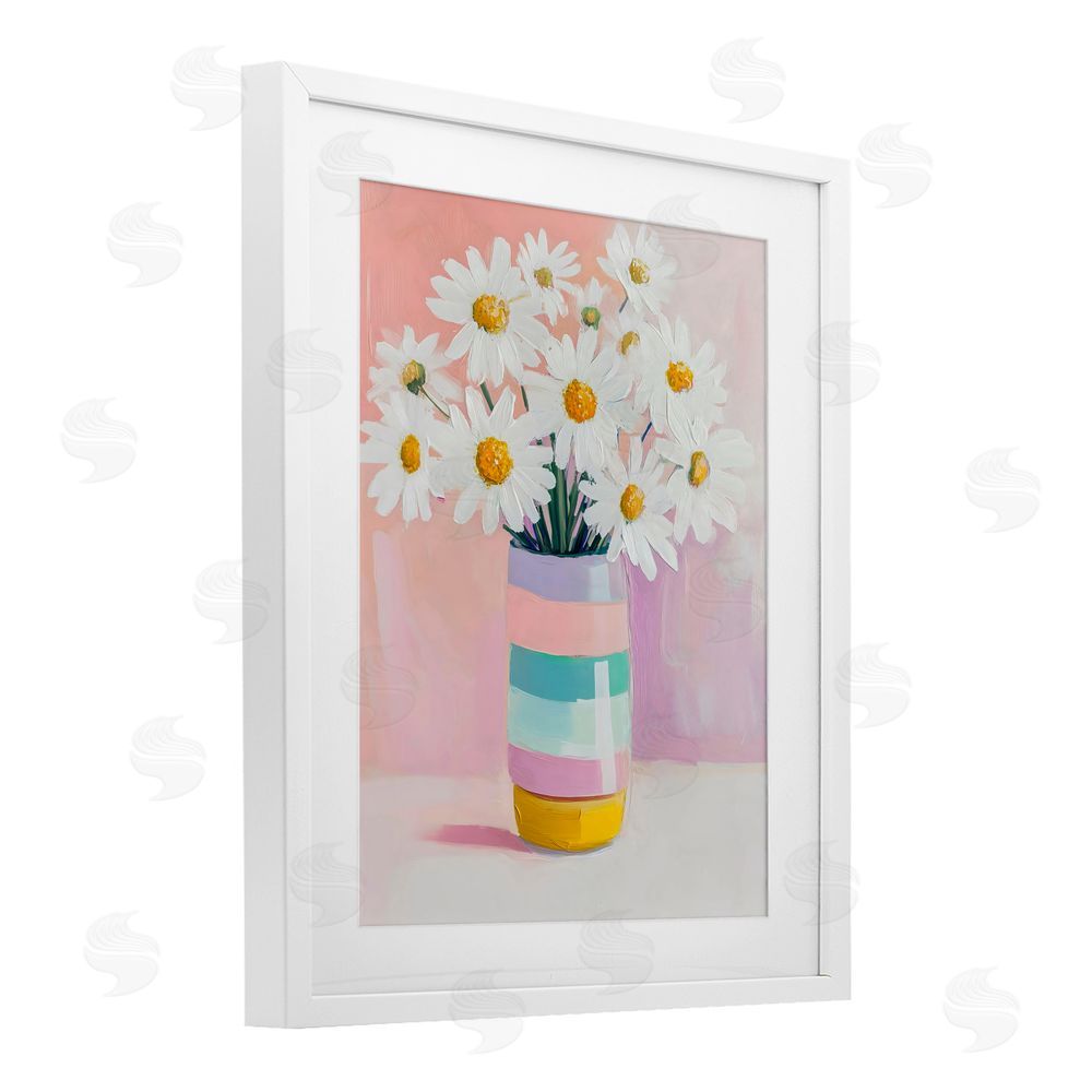 The Prints Vibe Daisies in Striped Vase White Framed Print Under Glass Wall Art
