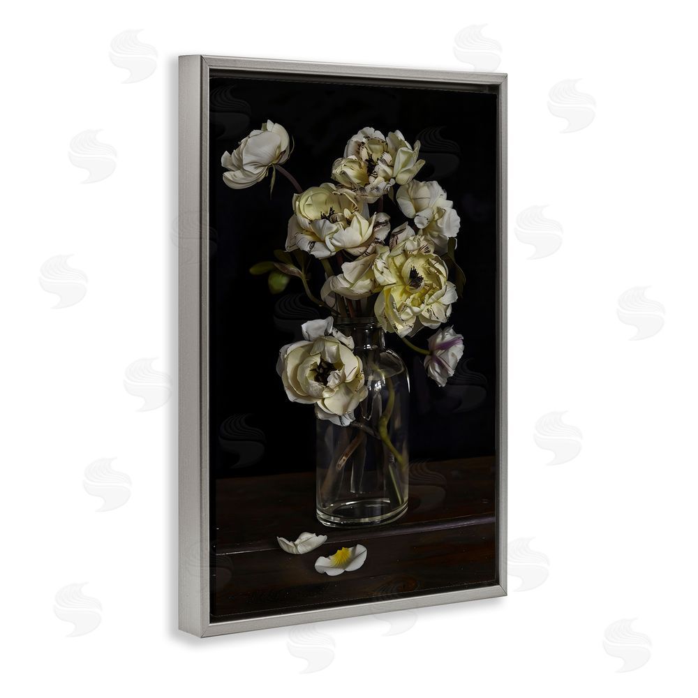 Creative Studio Elegant Arrangement of Cream Blossoms Gray Floating Framed Canvas Wall Art