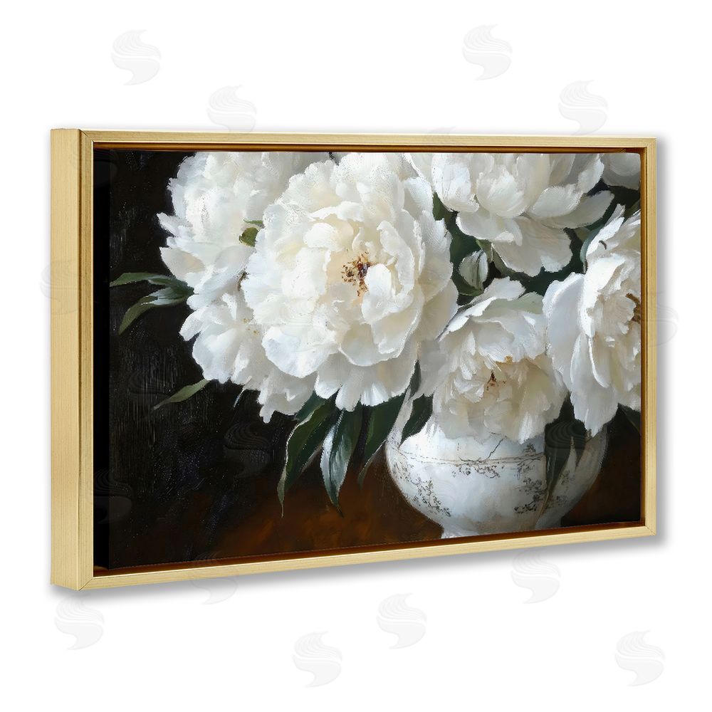 Petal Prints Design White Flowers in Vintage Vase Gold Floating Framed Canvas Wall Art Print