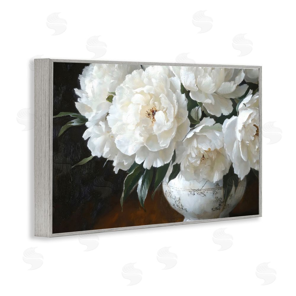 Petal Prints Design White Flowers in Vintage Vase Gray Framed Giclee Wall Art Print