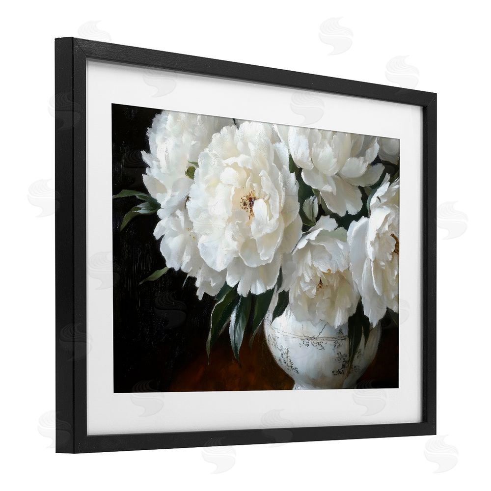 Petal Prints Design White Flowers in Vintage Vase Black Framed Print Under Glass with White Mat Wall Art