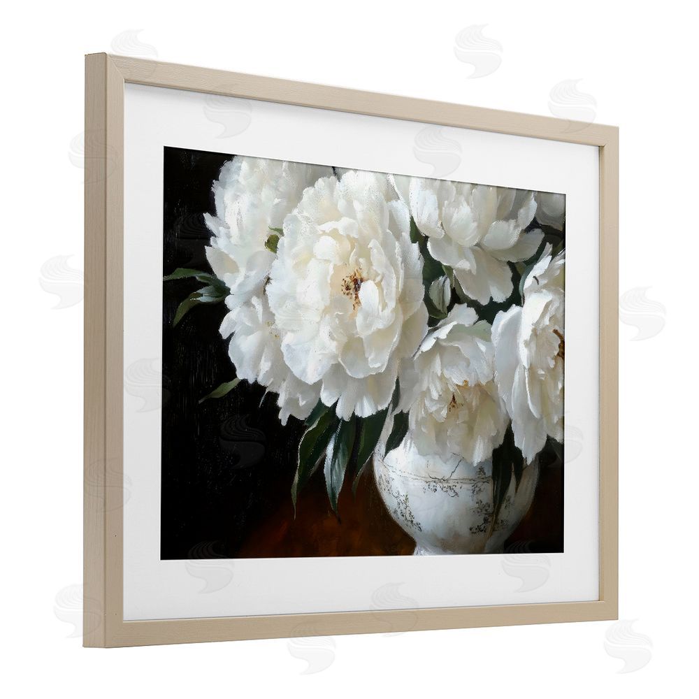 Petal Prints Design White Flowers in Vintage Vase Brown Framed Print Under Glass with White Mat Wall Art