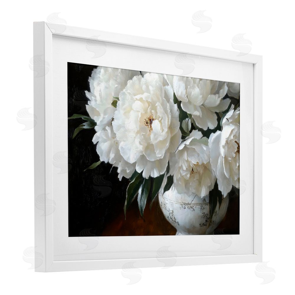 Petal Prints Design White Flowers in Vintage Vase White Framed Print Under Glass with White Mat Wall Art
