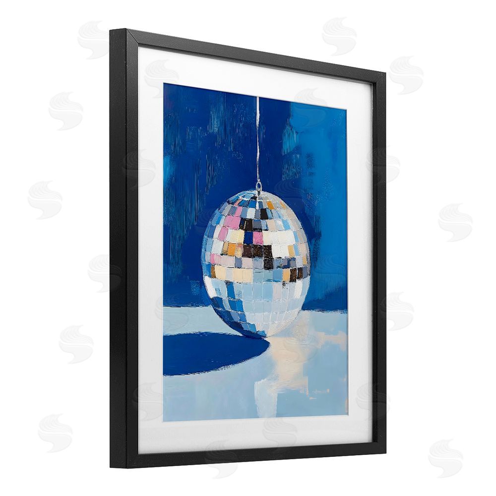 The Prints Vibe Silver Dance Disco Ball Black Framed Print Under Glass with White Mat Wall Art