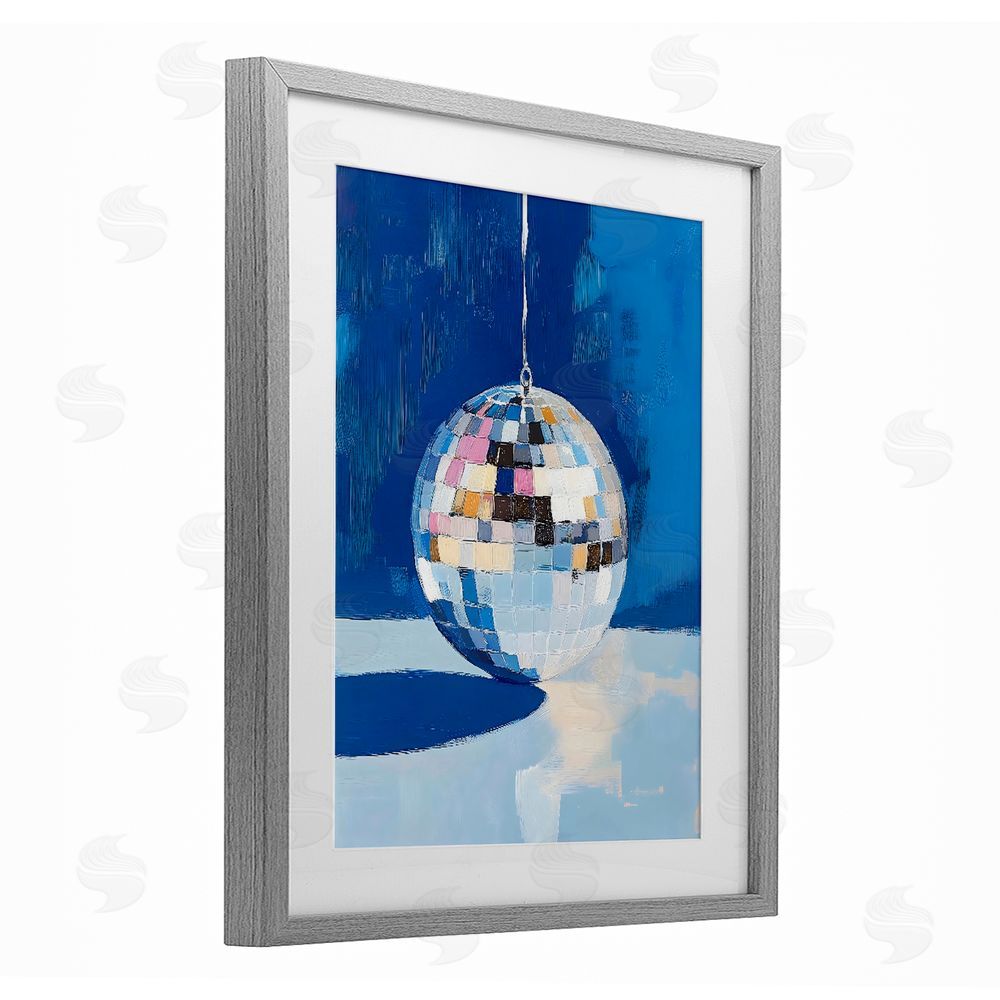 The Prints Vibe Silver Dance Disco Ball Gray Framed Print Under Glass with White Mat Wall Art
