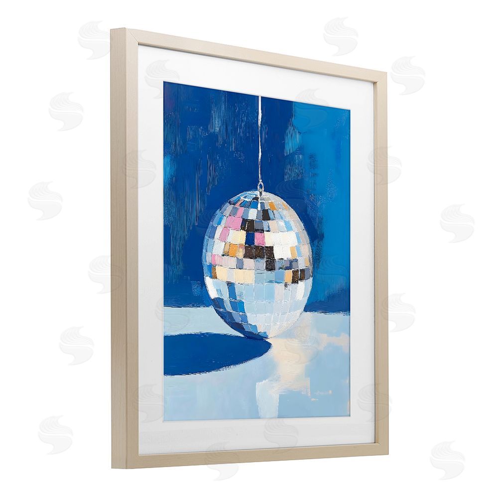 The Prints Vibe Silver Dance Disco Ball Brown Framed Print Under Glass with White Mat Wall Art