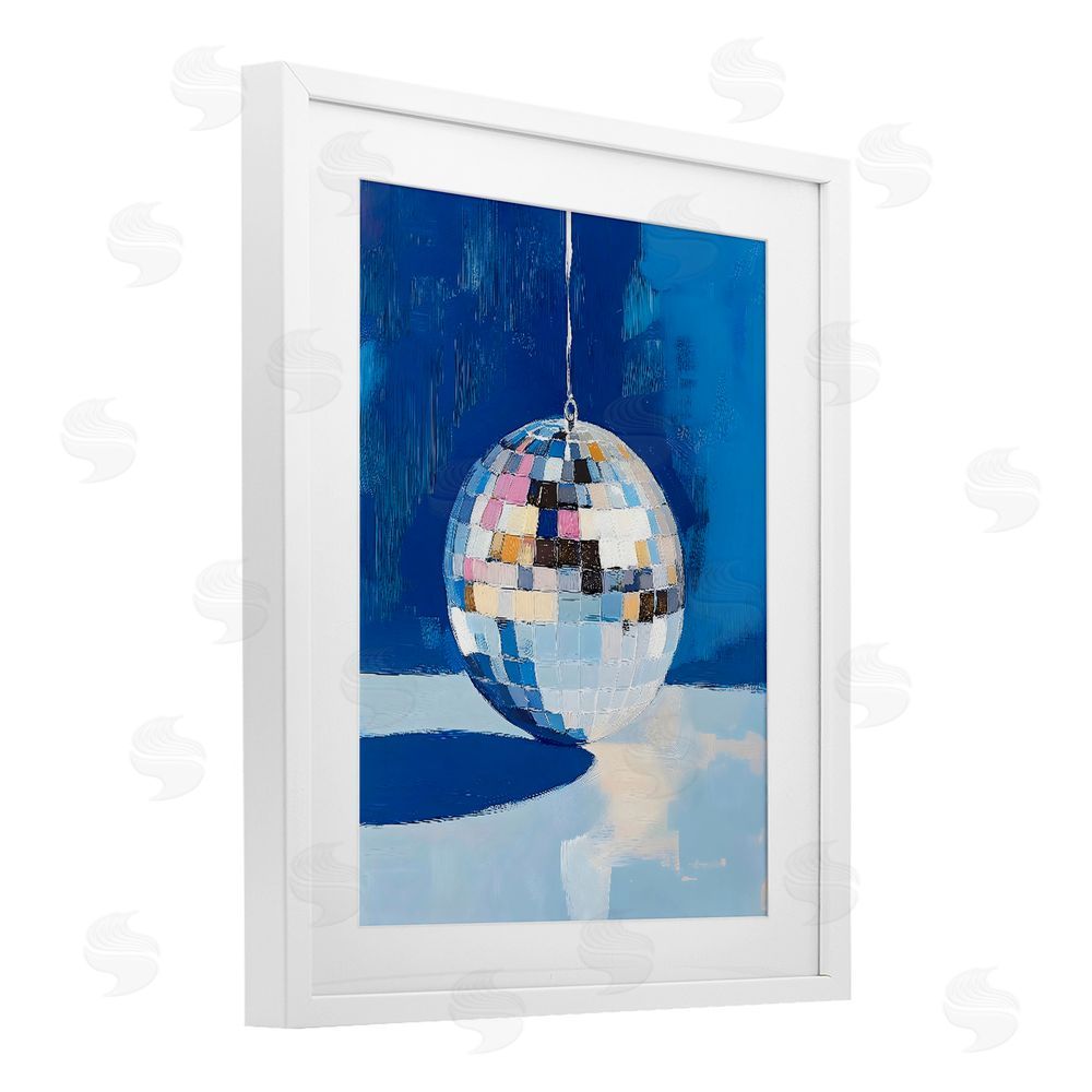 The Prints Vibe Silver Dance Disco Ball White Framed Print Under Glass with White Mat Wall Art