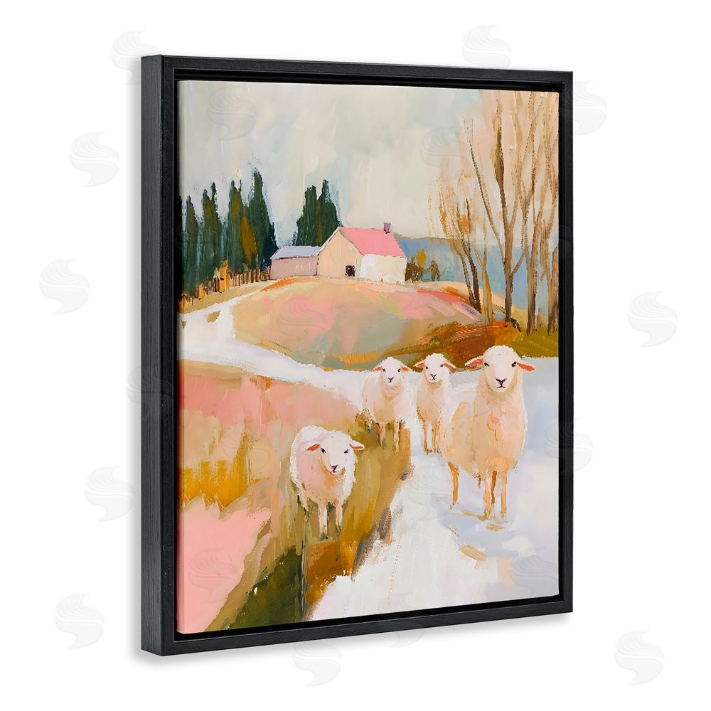 The Prints Vibe Sheep on the Roadside Pasture Black Floating Framed Canvas Wall Art Print