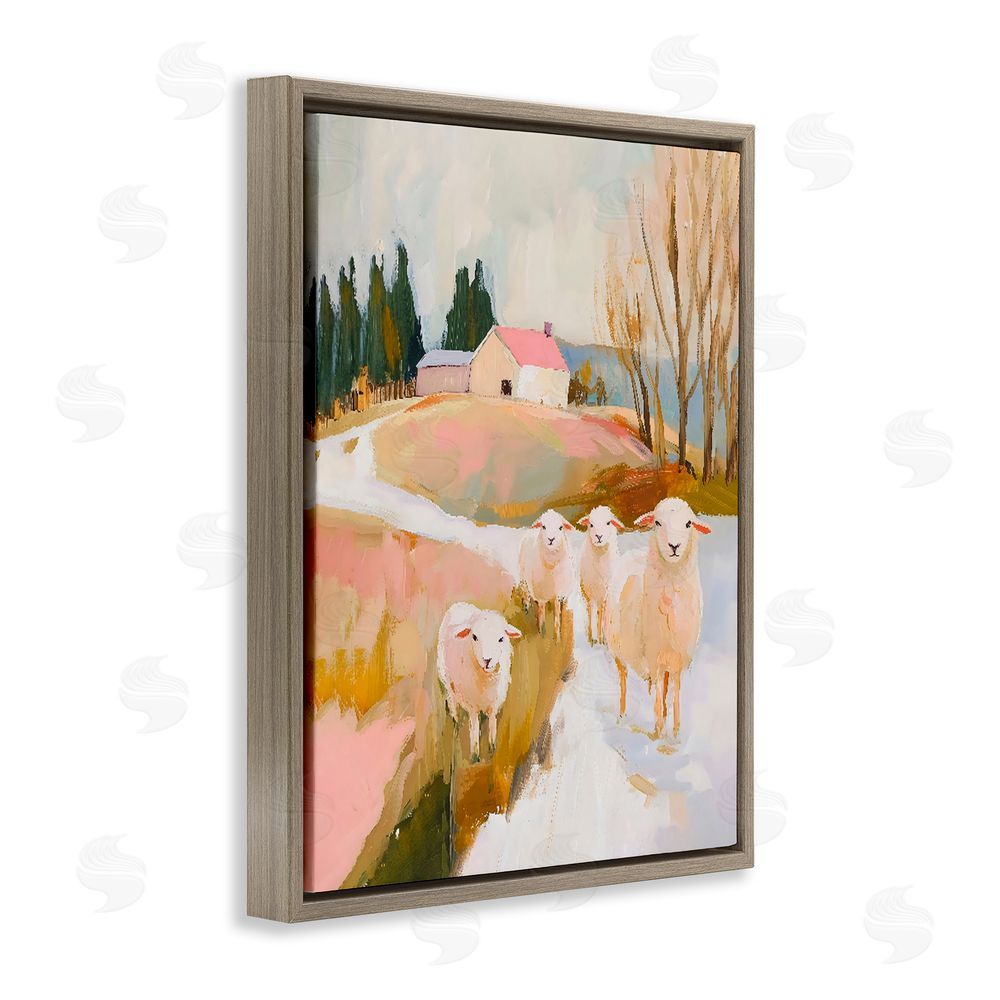 The Prints Vibe Sheep on the Roadside Pasture Brown Floating Framed Canvas Wall Art Print