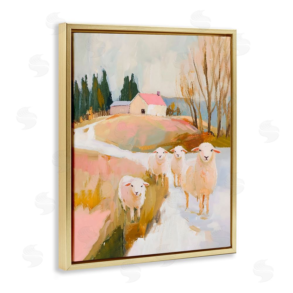 The Prints Vibe Sheep on the Roadside Pasture Gold Floating Framed Canvas Wall Art Print