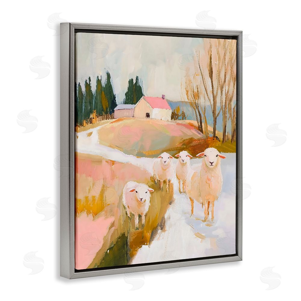 The Prints Vibe Sheep on the Roadside Pasture Gray Floating Framed Canvas Wall Art Print