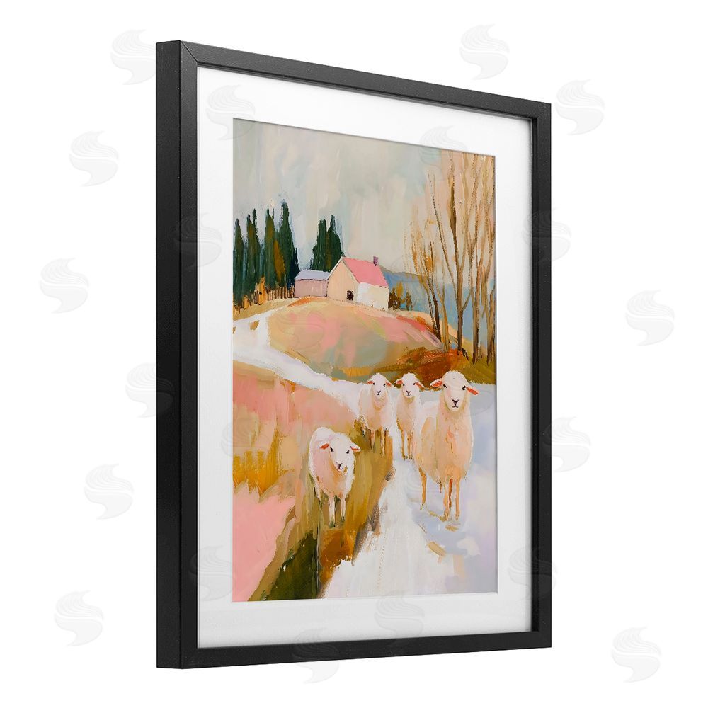 The Prints Vibe Sheep on the Roadside Pasture Black Framed Print Under Glass with White Mat Wall Art
