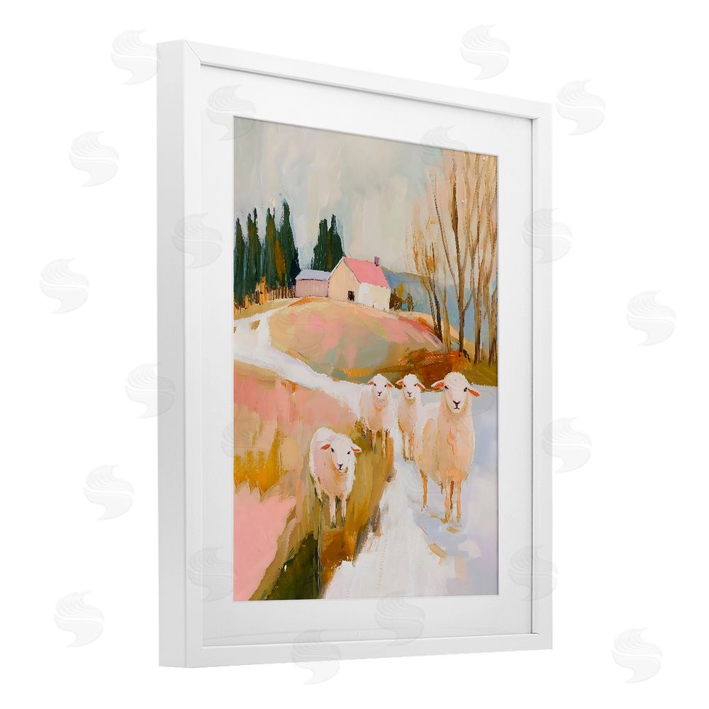 The Prints Vibe Sheep on the Roadside Pasture White Framed Print Under Glass with White Mat Wall Art