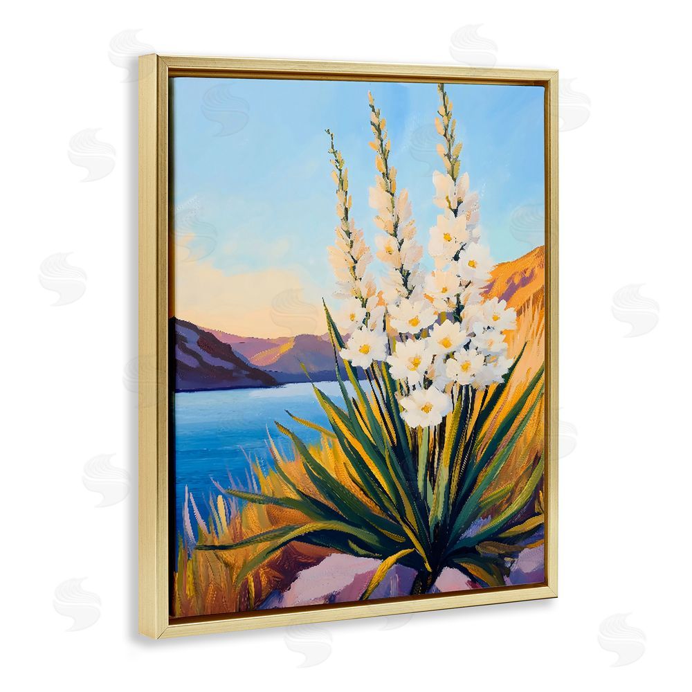 The Prints Vibe Yucca in Bloom By The Lake Gold Floating Framed Canvas Wall Art Print