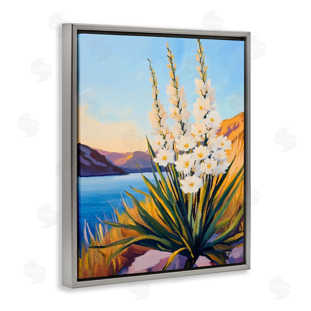 The Prints Vibe Yucca in Bloom By The Lake Gray Floating Framed Canvas Wall Art Print