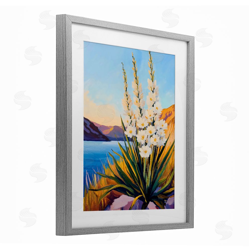 The Prints Vibe Yucca in Bloom By The Lake Gray Framed Print Under Glass with White Mat Wall Art