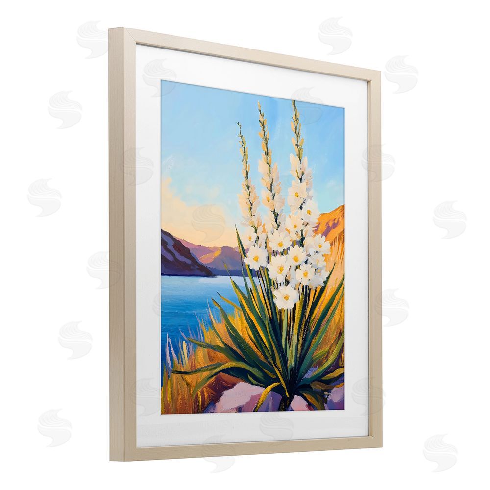 The Prints Vibe Yucca in Bloom By The Lake Brown Framed Print Under Glass with White Mat Wall Art
