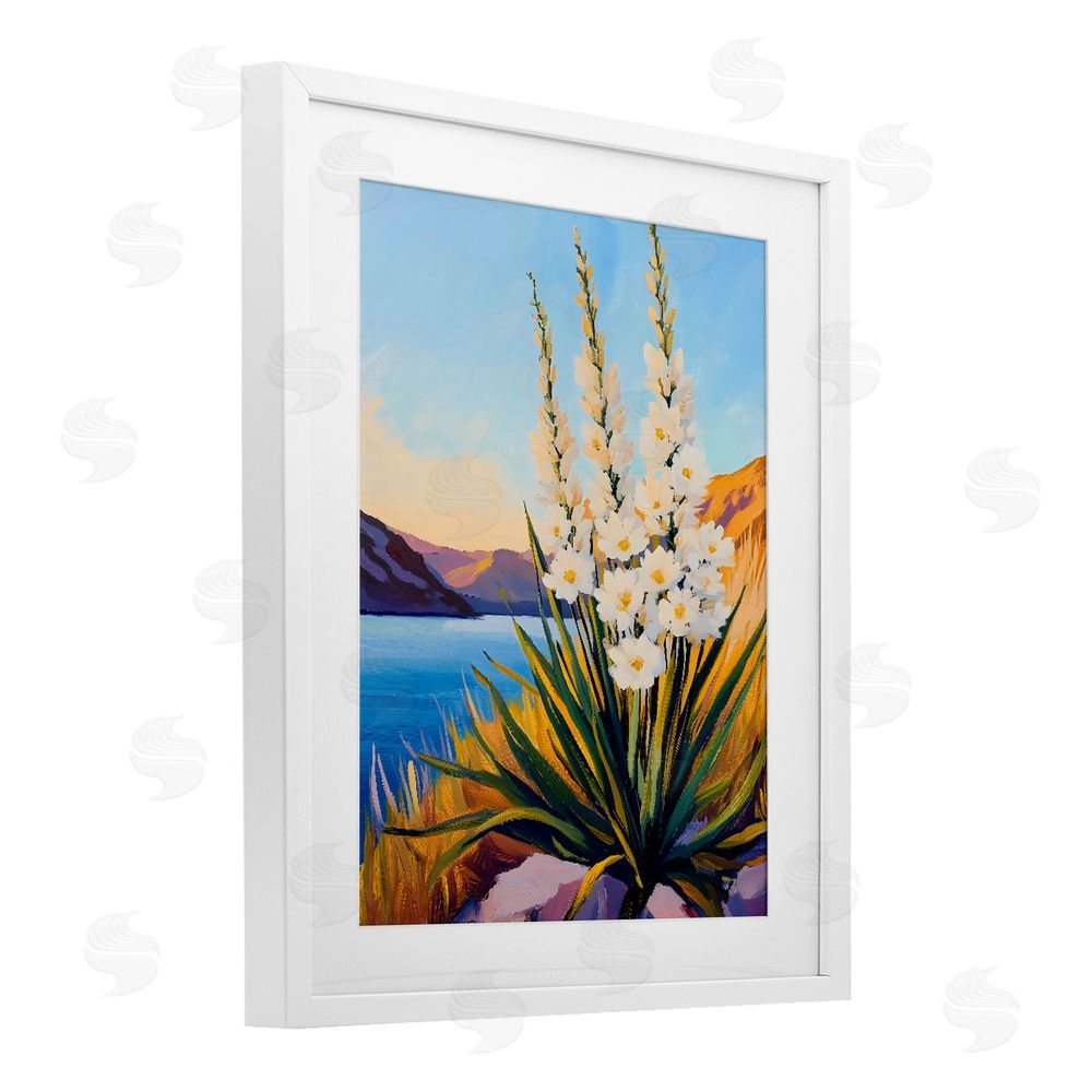 The Prints Vibe Yucca in Bloom By The Lake White Framed Print Under Glass with White Mat Wall Art