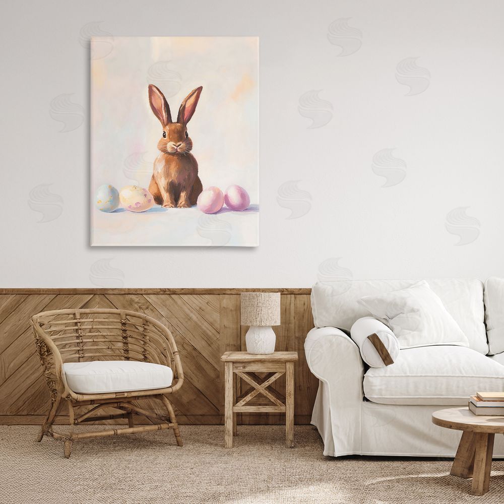 The Prints Vibe Easter Bunny with Pastel Eggs Stretched Canvas Wall Art in Room