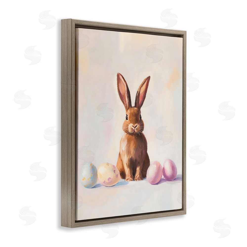 The Prints Vibe Easter Bunny with Pastel Eggs Brown Floating Frame Canvas Wall Art Print