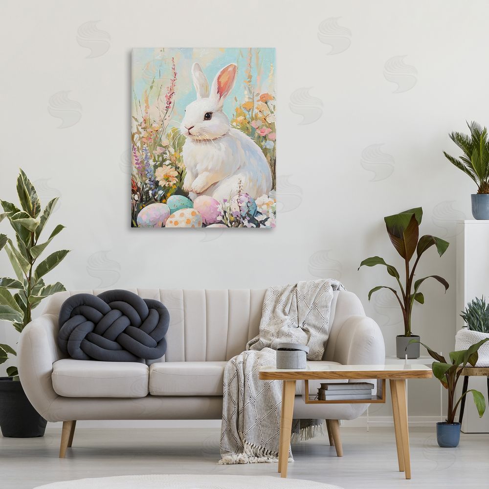 The Prints Vibe White Easter Bunny in Wildflowers Stretched Canvas on Wall