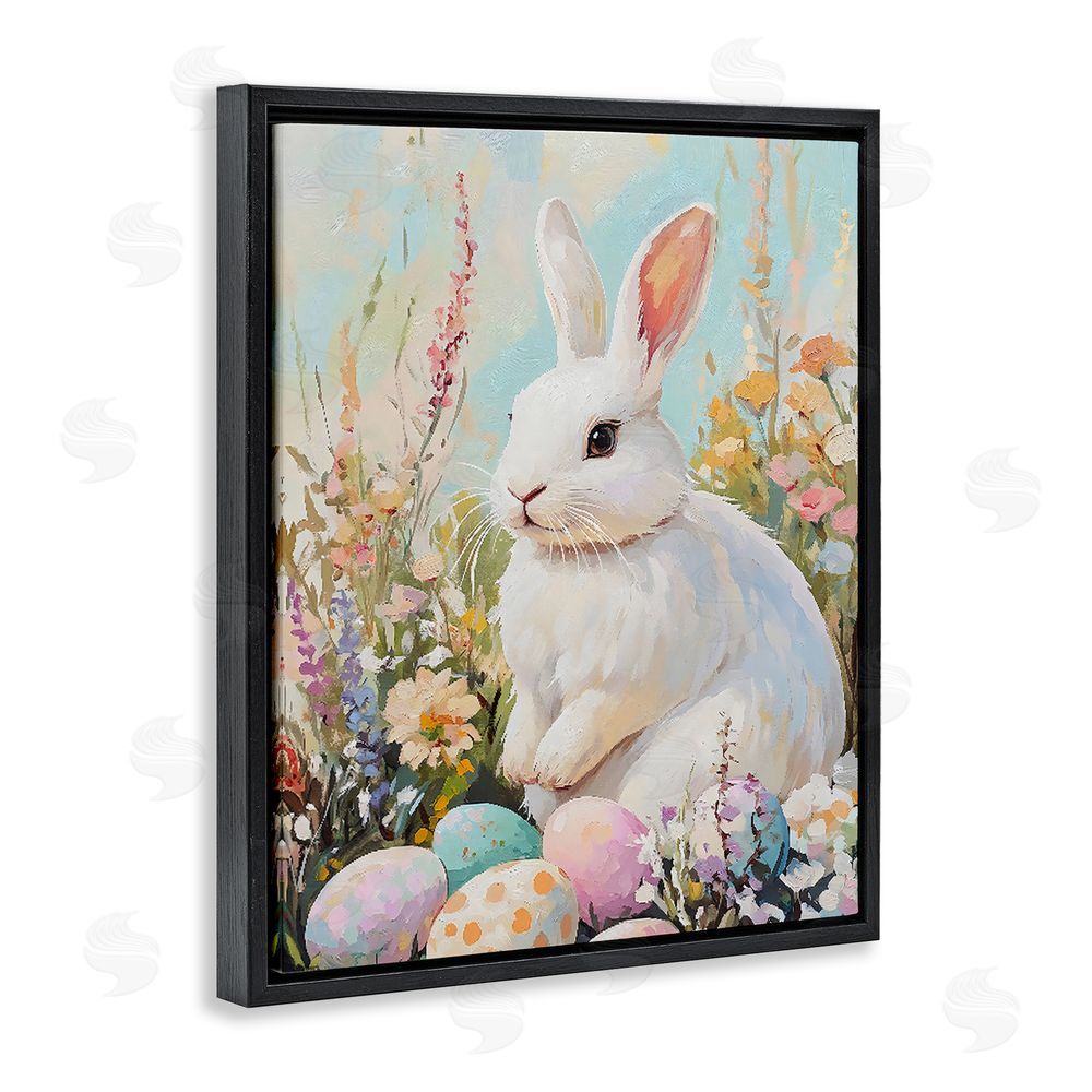 The Prints Vibe White Easter Bunny in Wildflowers Black Floating Framed Canvas Wall Art Print