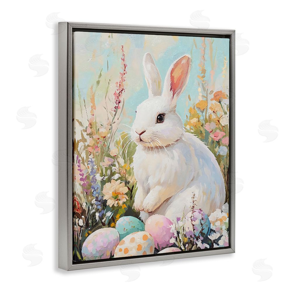 The Prints Vibe White Easter Bunny in Wildflowers Gray Floating Framed Canvas Wall Art Print