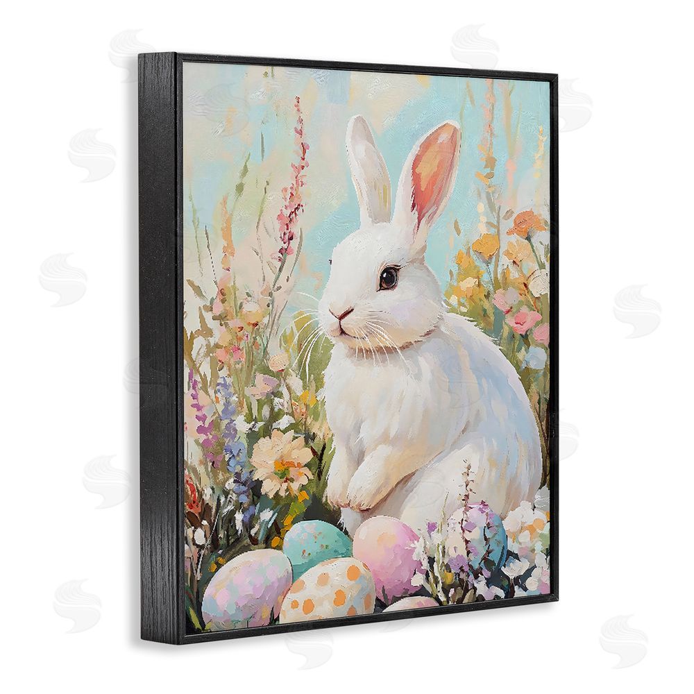 The Prints Vibe White Easter Bunny in Wildflowers Black Framed Giclee Wall Art Print