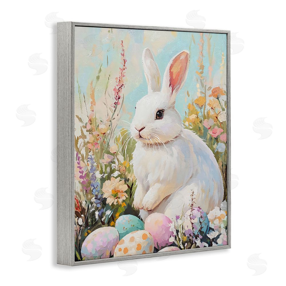 The Prints Vibe White Easter Bunny in Wildflowers Gray Framed Giclee Wall Art Print