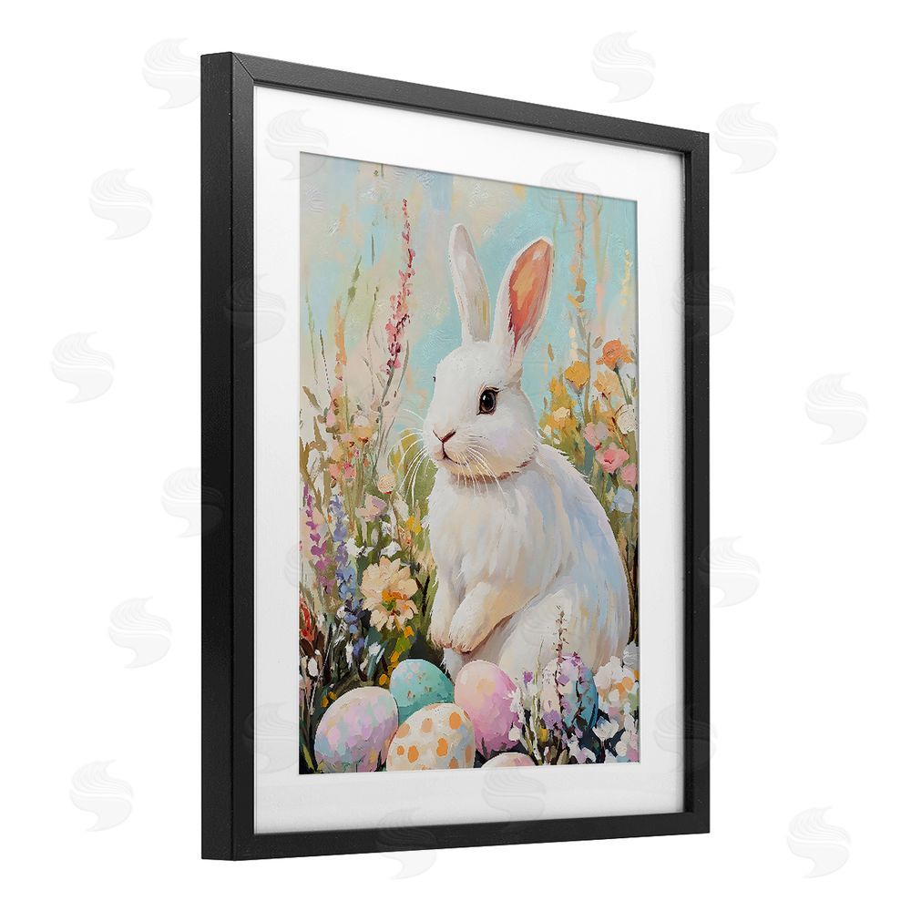 The Prints Vibe White Easter Bunny in Wildflowers Black Framed Print Under Glass with White Mat Wall Art