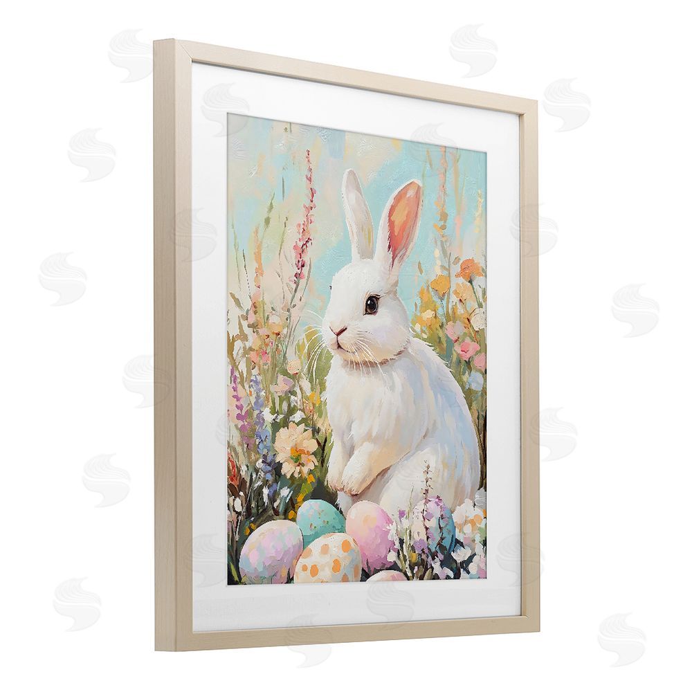 The Prints Vibe White Easter Bunny in Wildflowers Brown Framed Print Under Glass with White Mat Wall Art