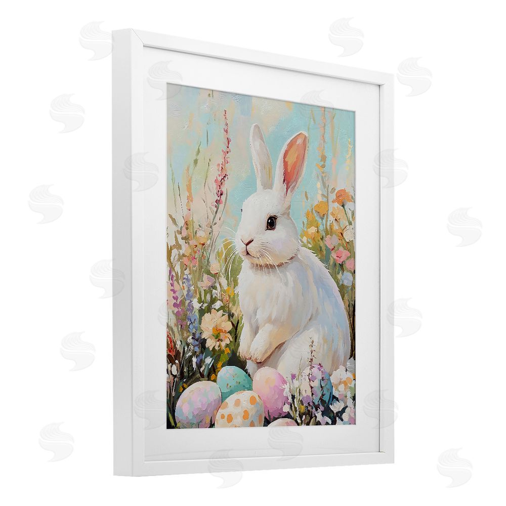 The Prints Vibe White Easter Bunny in Wildflowers White Framed Print Under Glass with White Mat Wall Art