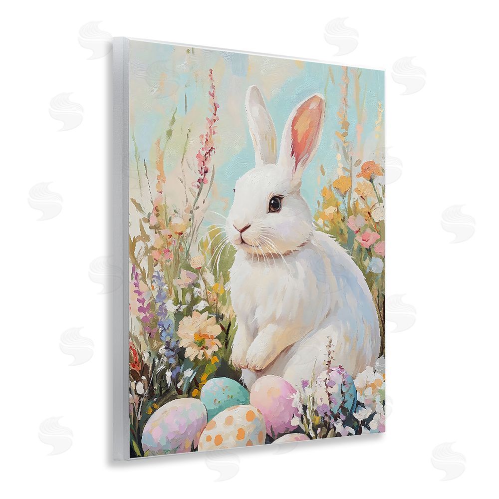 The Prints Vibe White Easter Bunny in Wildflowers Wall Plaque Printed Art