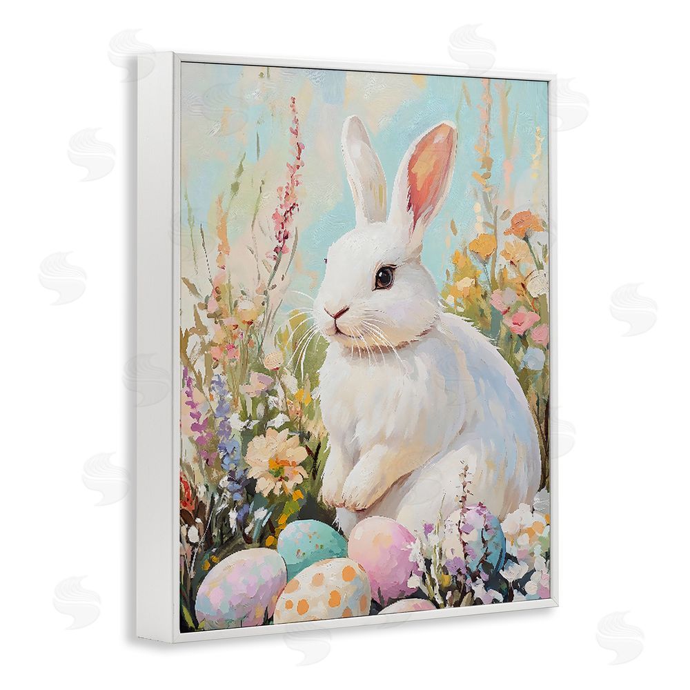 The Prints Vibe White Easter Bunny in Wildflowers White Framed Giclee Wall Art Print
