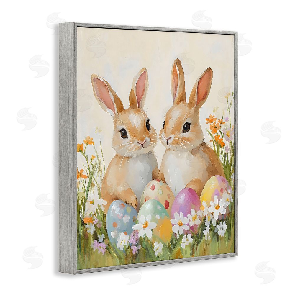 The Prints Vibe Bunnies with Painted Easter Eggs Gray Framed Giclee Wall Art Print