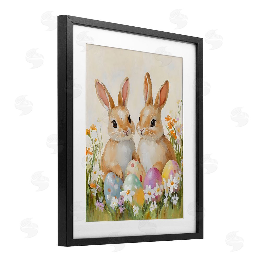 The Prints Vibe Bunnies with Painted Easter Eggs Black Framed Print Under Glass with Matting Wall Art