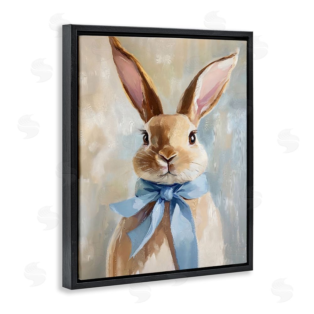 The Prints Vibe Bunny with Blue Bow Black Floating Frame Stretched Canvas Wall Art Print