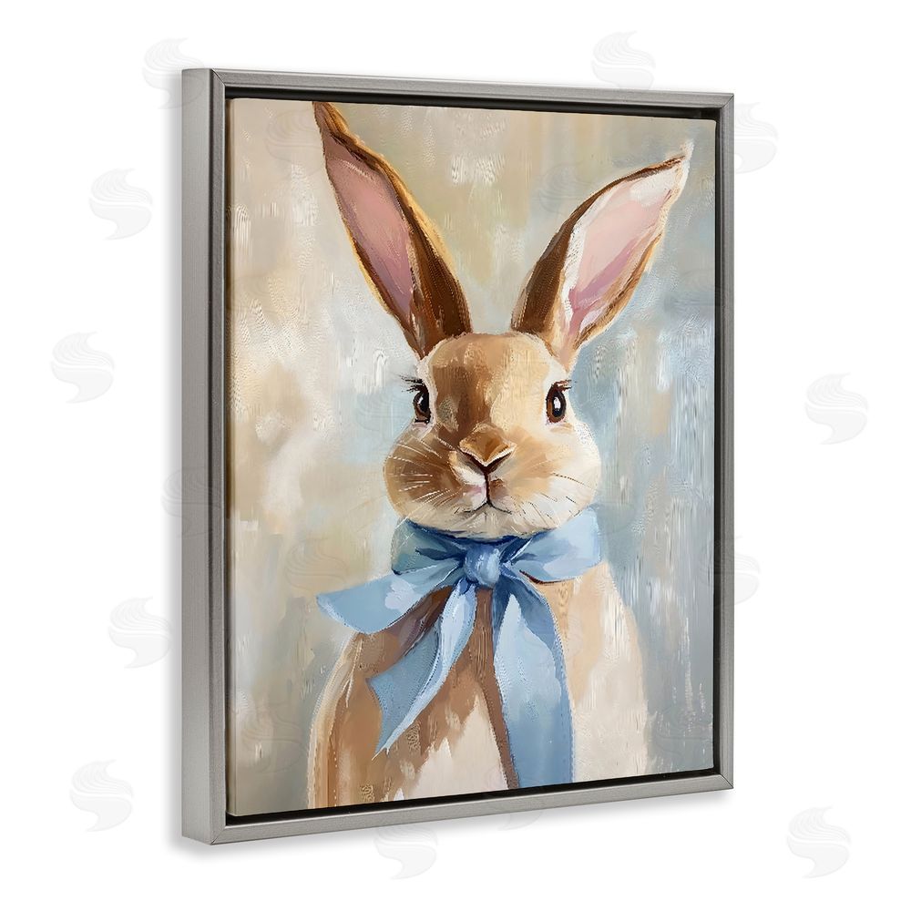 The Prints Vibe Bunny with Blue Bow Gray Floating Frame Stretched Canvas Wall Art Print