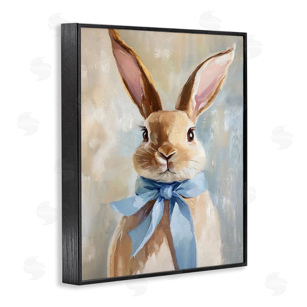 The Prints Vibe Bunny with Blue Bow Black Framed Giclee Wall Art Print