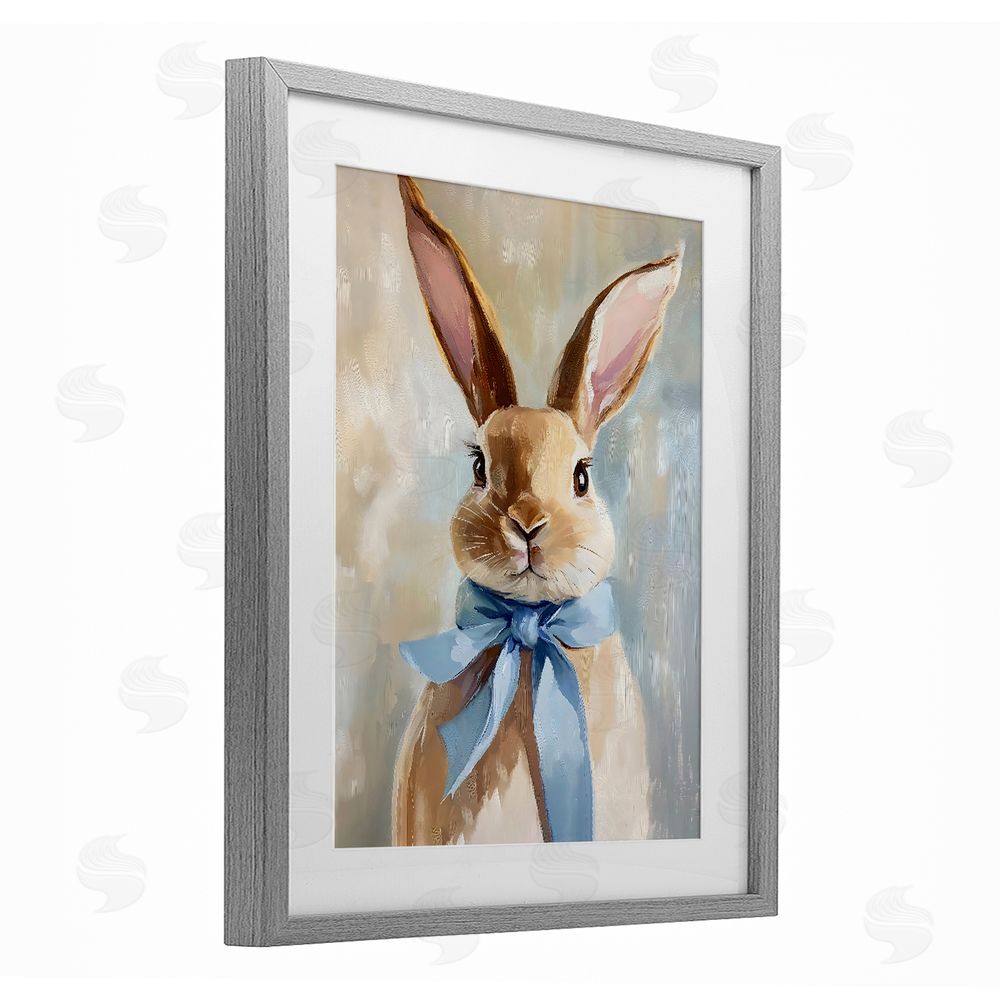 The Prints Vibe Bunny with Blue Bow Gray Framed Print Under Glass with Matting Wall Art