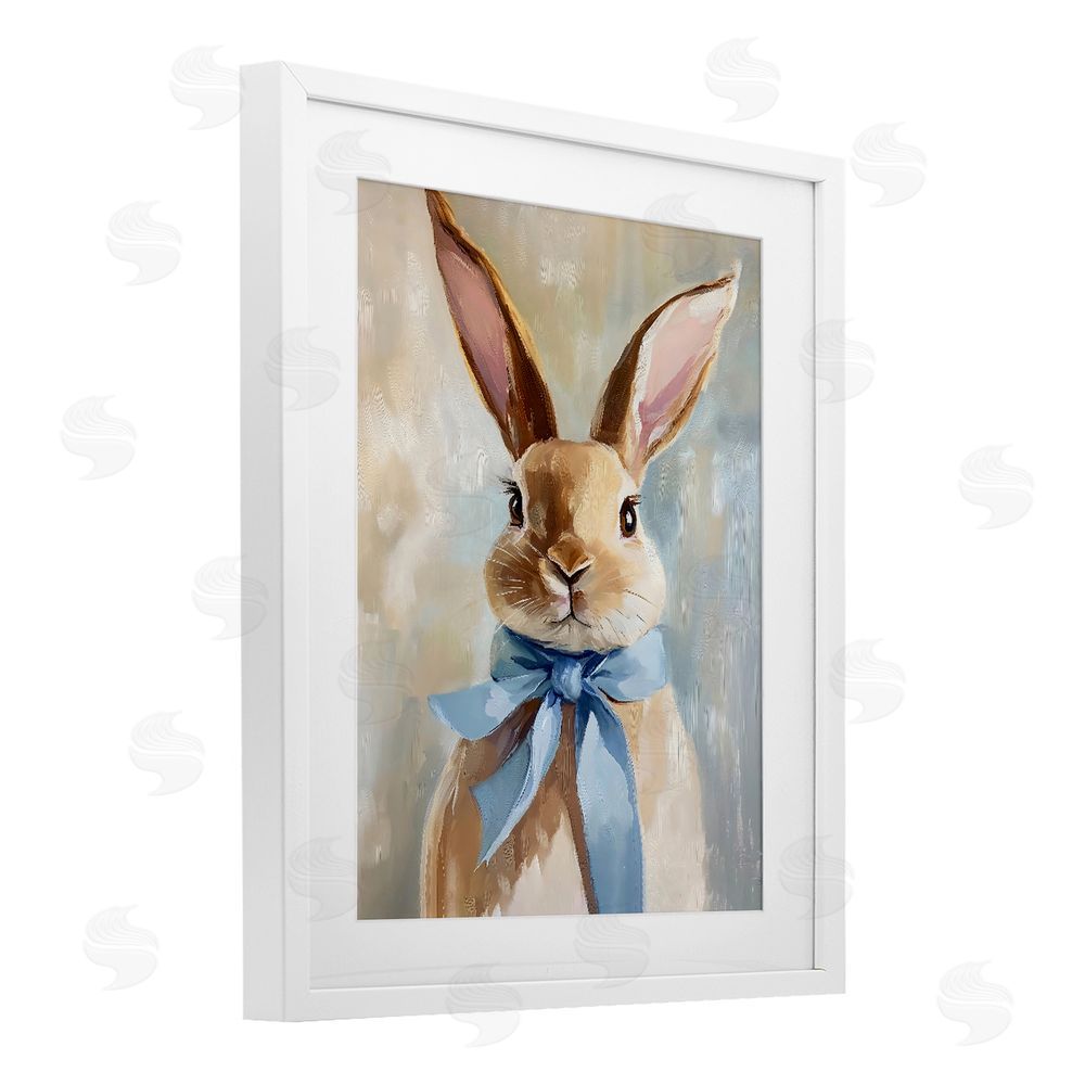The Prints Vibe Bunny with Blue Bow White Framed Print Under Glass with Matting Wall Art