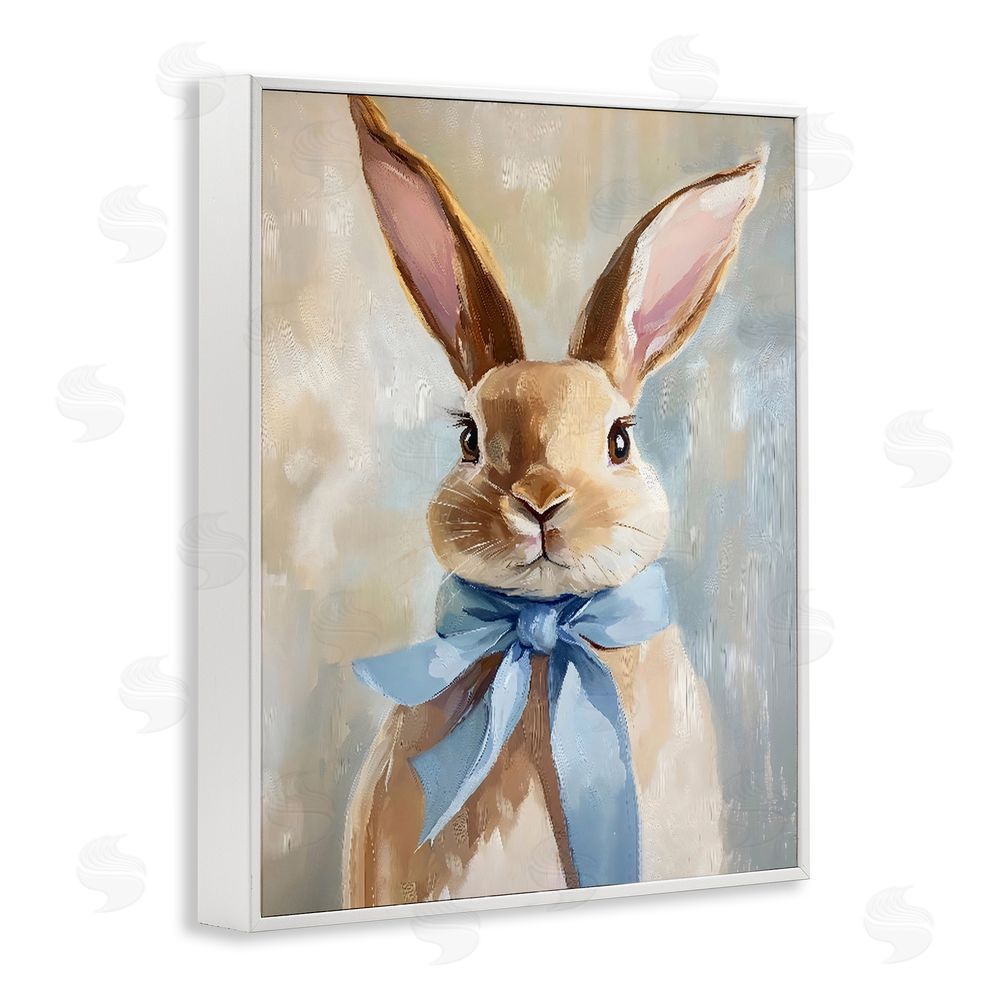 The Prints Vibe Bunny with Blue Bow White Framed Giclee Wall Art Print