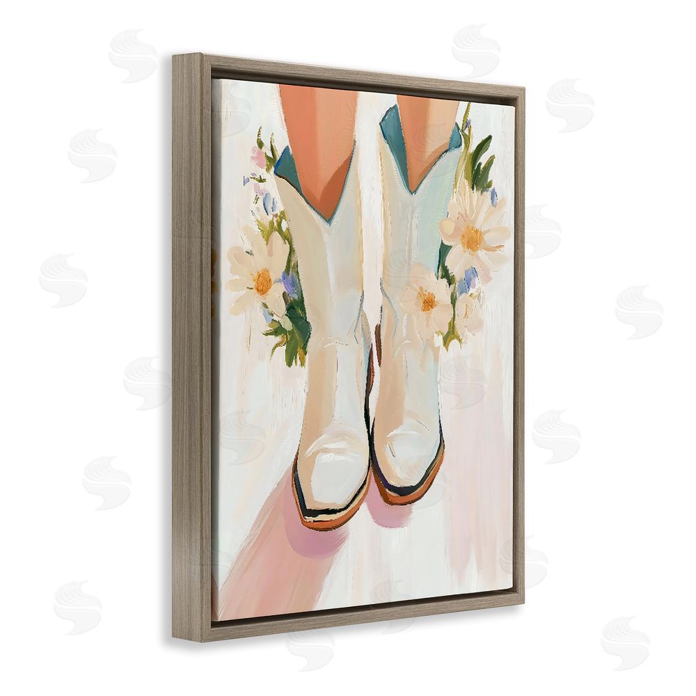 The Prints Vibe Blooming Cowgirl Boots Brown Floating Frame Stretched Canvas Wall Art Print