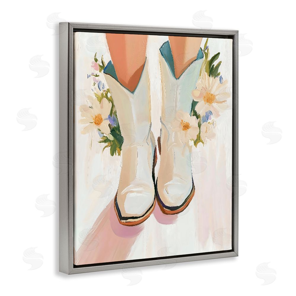 The Prints Vibe Blooming Cowgirl Boots Gray Floating Frame Stretched Canvas Wall Art Print