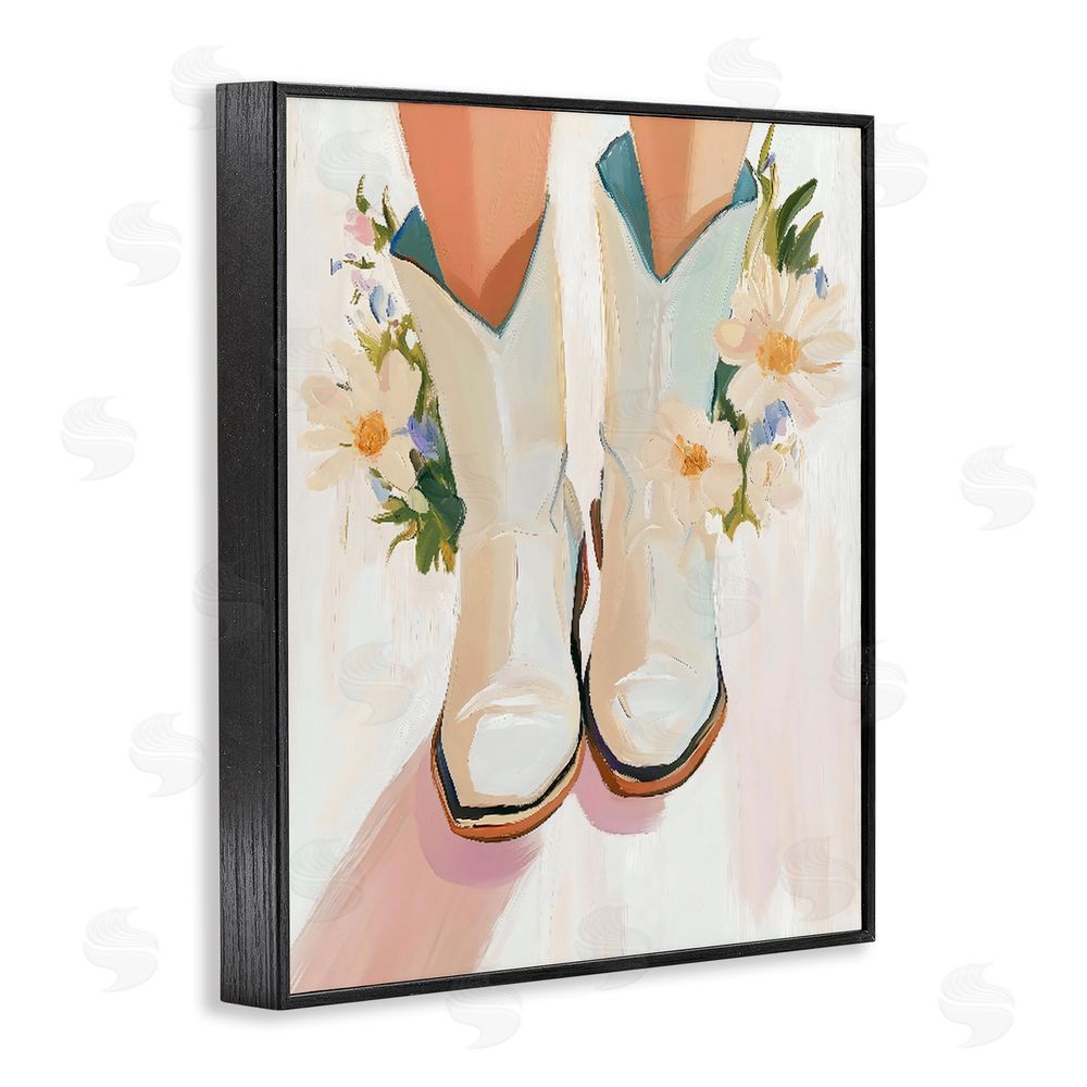 The Prints Vibe Blooming Cowgirl Boots Black Framed Giclee Wall Art Print