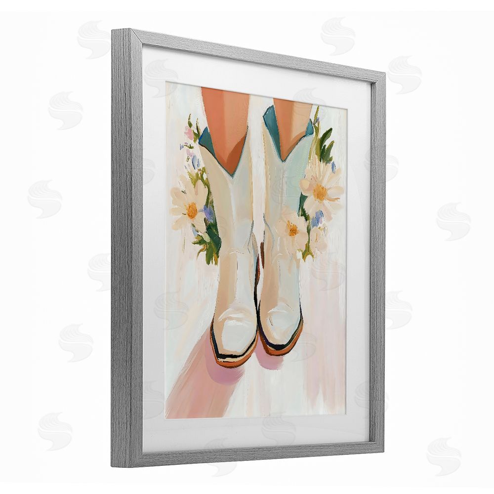The Prints Vibe Blooming Cowgirl Boots Gray Framed Print Under Glass with Matting Wall Art